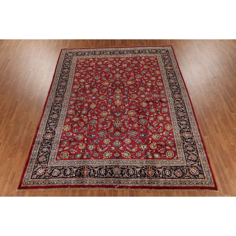 Vegetable Dye Red Kashan Persian Vintage Rug Hand-Knotted Wool Carpet - 9'8"x 12'3"