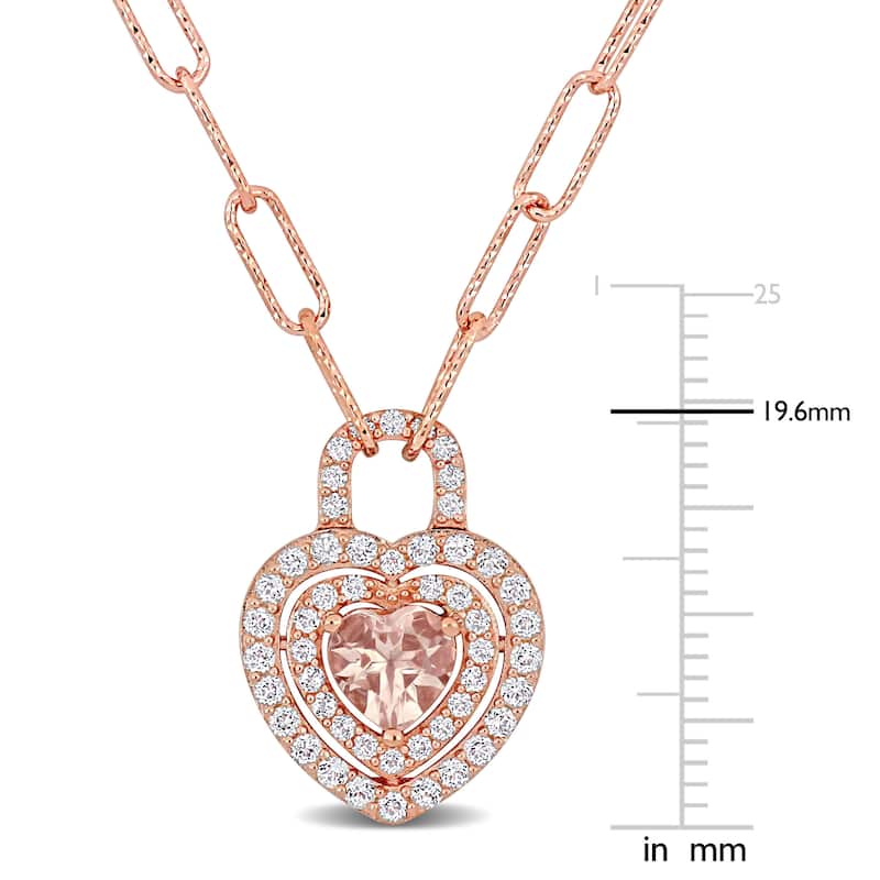 Miadora Morganite and White Topaz Double Halo Heart Necklace in Rose Plated Sterling Silver