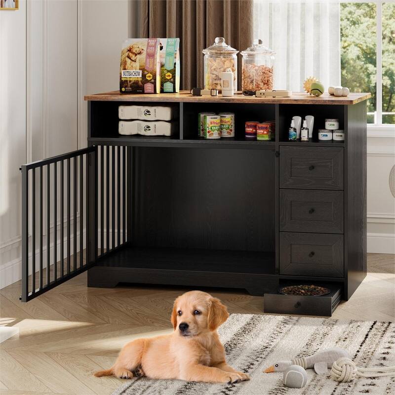 48" Farmhouse Dog Kennel Crate Furniture End Table with Bowl Storage Drawers