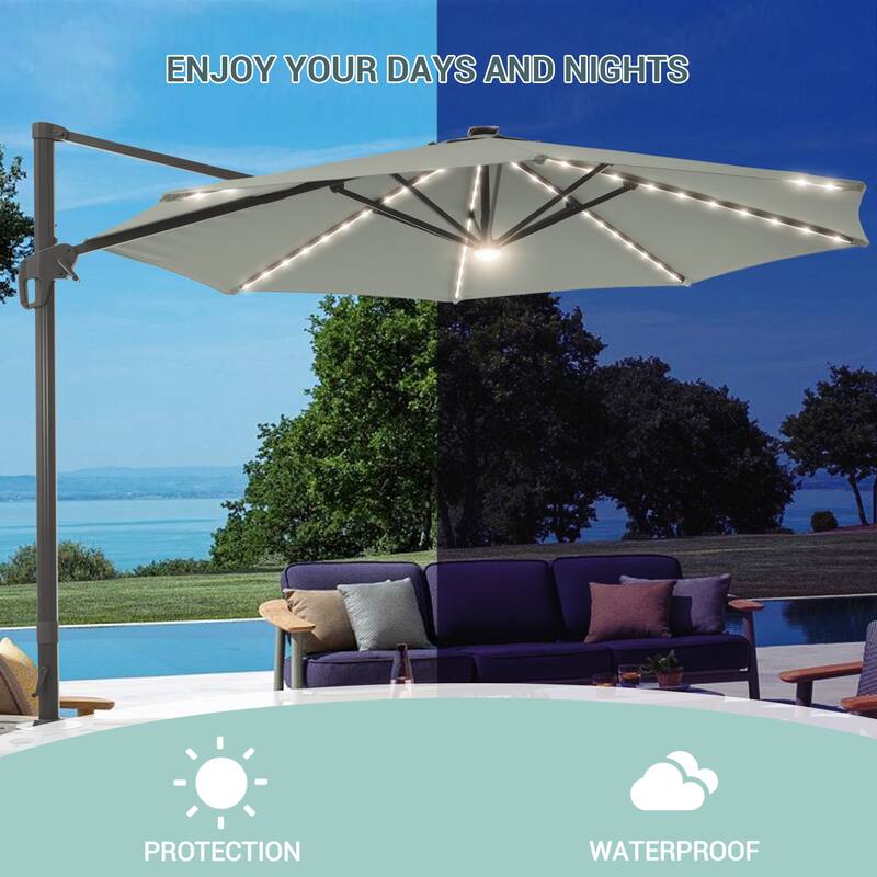 LIVOOSUN 11Ft Aluminum LED Patio Cantilever Offset Umbrella With Base