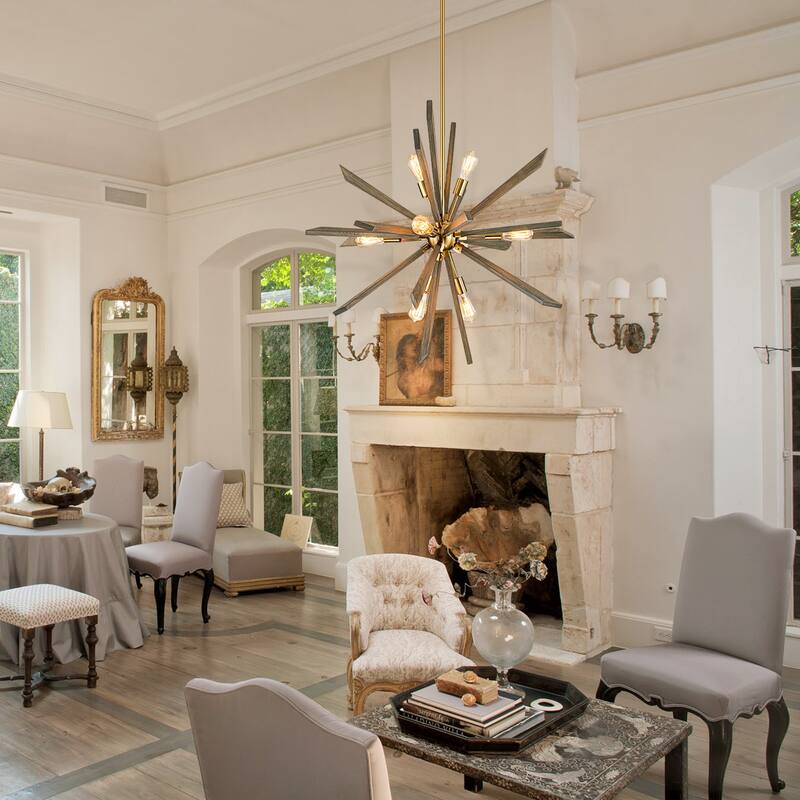 8-Light Gold Wood Farmhouse Sputnik Firework Chandelier Hanging Pendant Lighting - 40.2