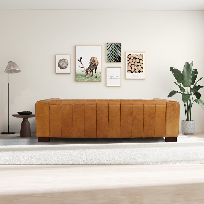 Hazel 93" Wide Mid Century Modern Living Room Leather Couch in Tan
