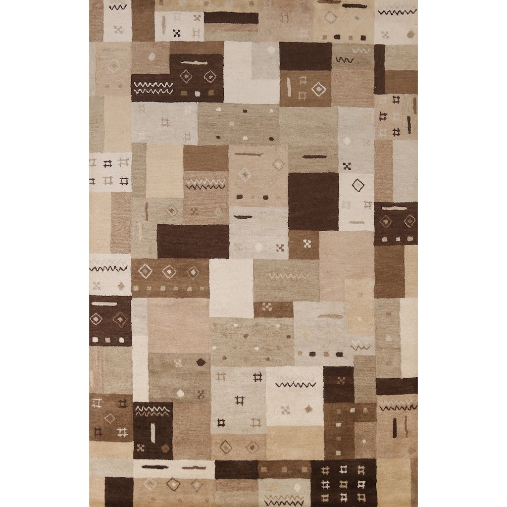 Tribal Geometric Gabbeh Indian Area Rug Brown Handmade Wool Carpet - 5'3" x 7'7"