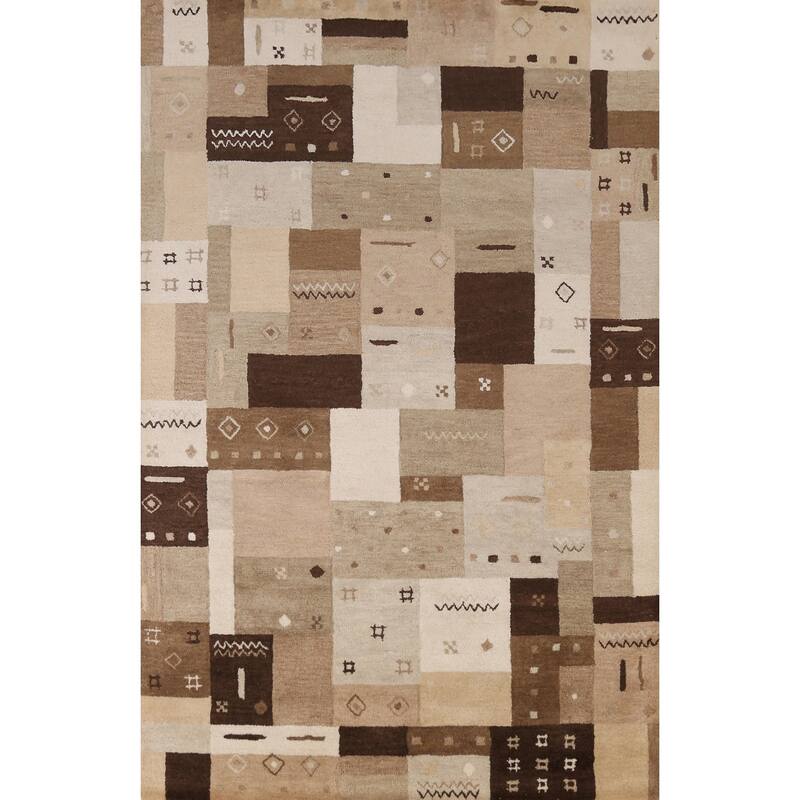 Tribal Geometric Gabbeh Indian Area Rug Brown Handmade Wool Carpet - 5'3" x 7'7"