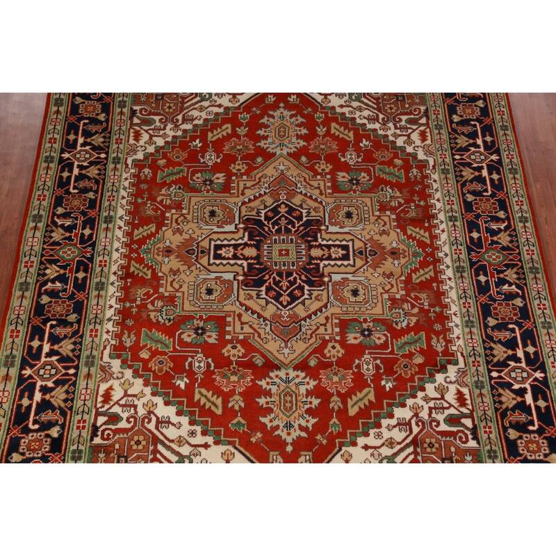 Geometric Medallion Heriz Serapi Area Rug Hand-Knotted Wool Carpet - 8'11"x 11'9"