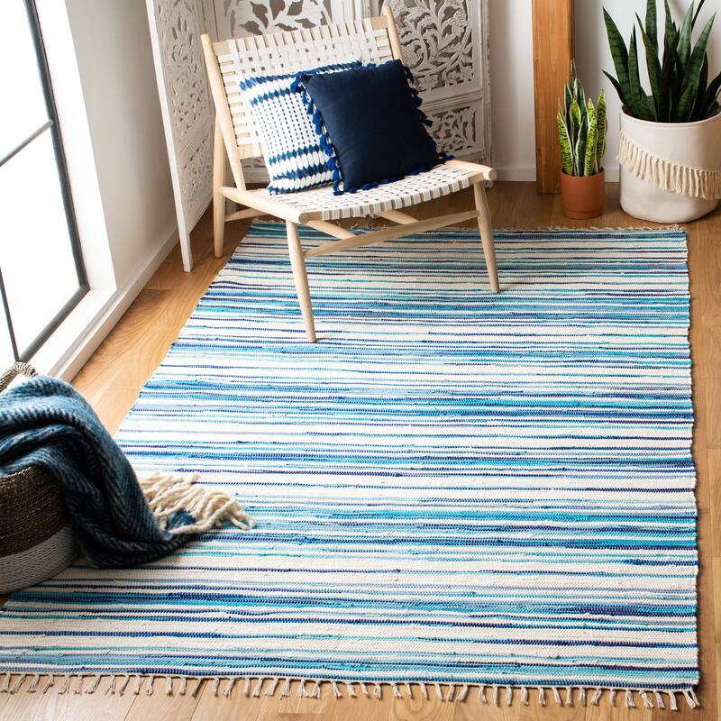 SAFAVIEH Handmade Rag Rug Jakayla with Fringe Casual Stripe - 5' x 8' - Ivory/Blue