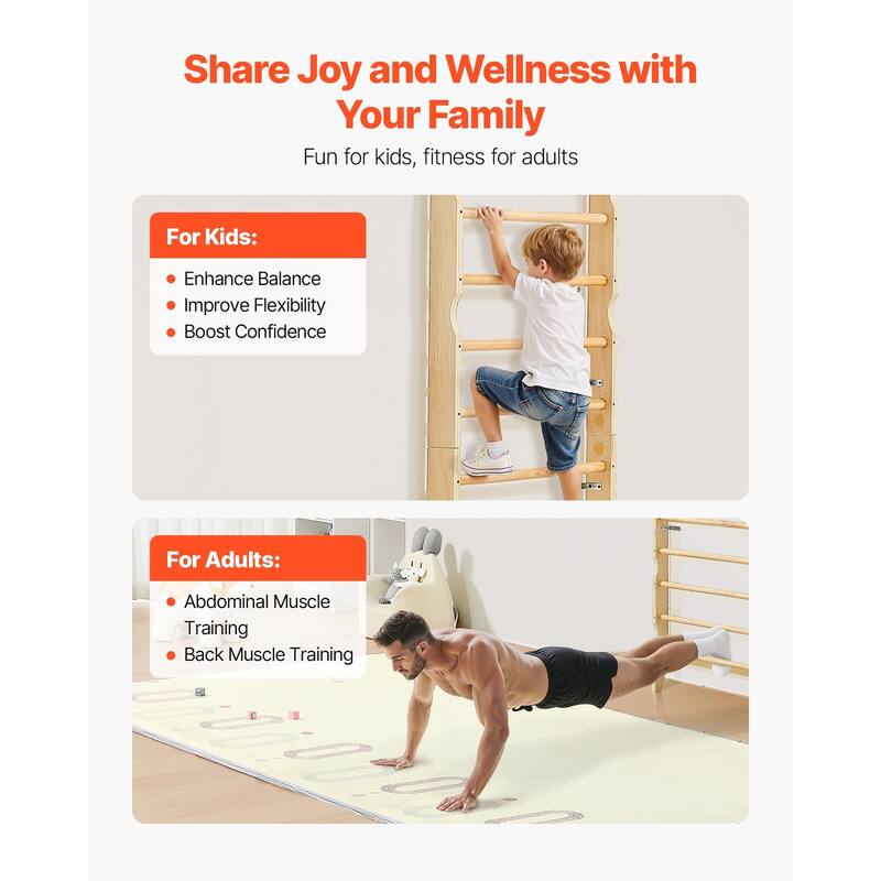 2 in 1 Wooden Wall Gym Climbing Playset with Adjustable Pull Up Bar and Swedish Ladder for Kids Indoor Playground