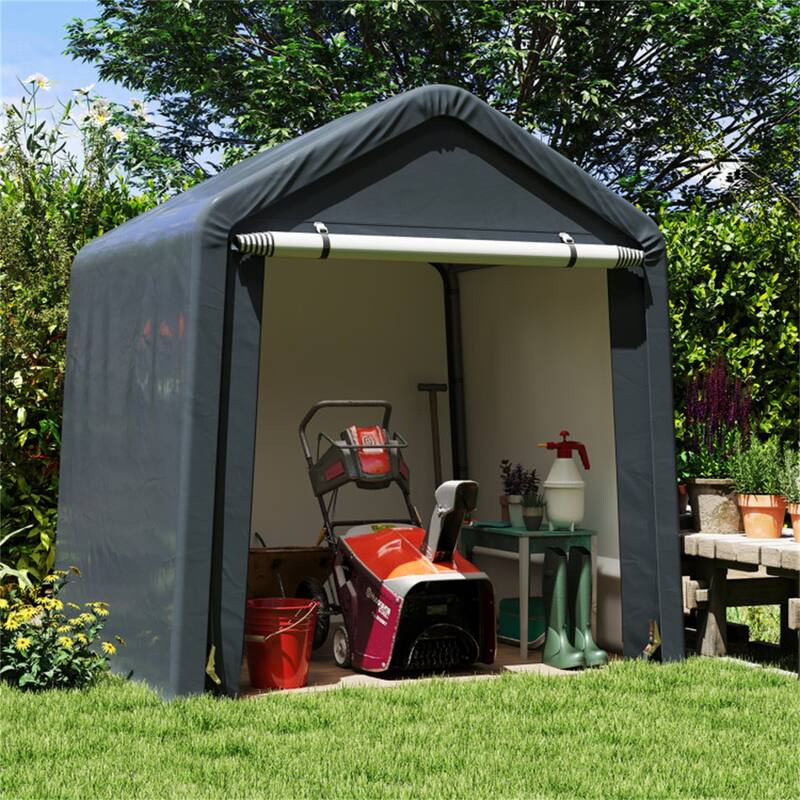 Grey Galvanized Metal Outdoor Storage Shed with PE Cover and Roll-Up Door - 78” W x 72” D x 84” H