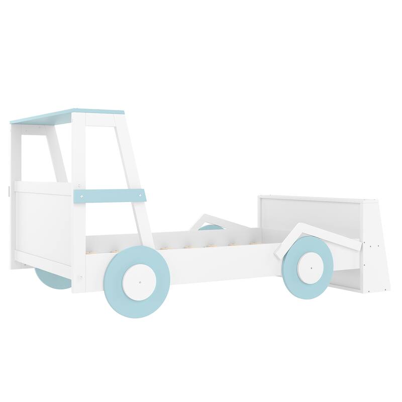 Twin Size Car Bed with Storage Shelves, Kids Platform Bed with Cute Car-shape, Childlike Design, Blue White