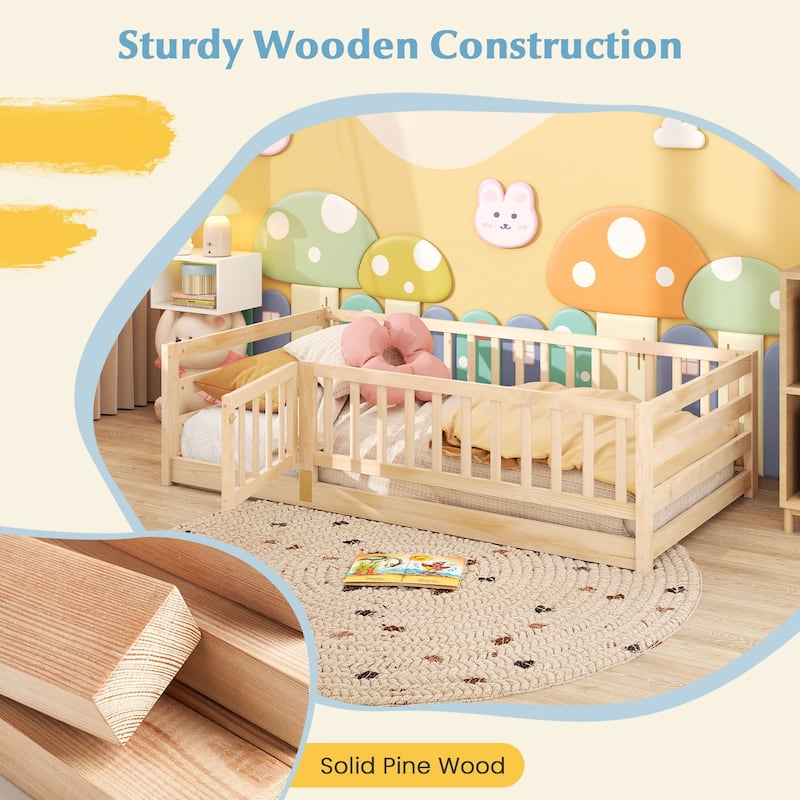 Montessori Solid Pine Wood Frame Twin Floor Bed with Safety Fence and Lockable Door No Slats