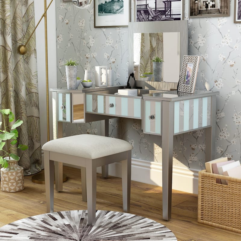 Furniture of America Gema Glam Linen Fabric 2-Piece Makeup Vanity Set with Mirror