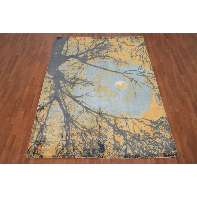Hand Knotted Oriental Viscose Silk Carpet Modern Pictorial Multi-Colored Abstract Area Rug - 7' 10'' X 5' 9''
