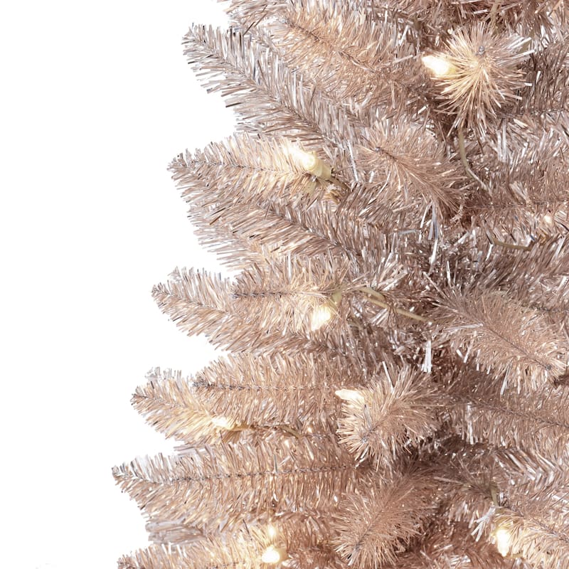 Puleo International 7 ft. Pre-Lit Rose Gold Tinsel Artificial Tree