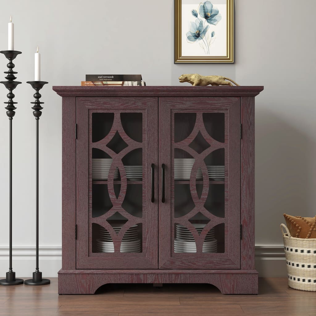 Spacious size sideboard 2 clear tempered glass doors buffet with adjustable shelf, MDF storage cabinet for dinning room