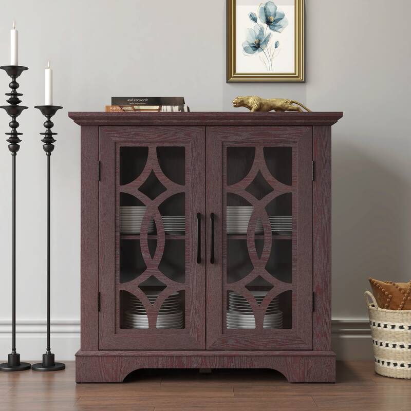 Spacious size sideboard 2 clear tempered glass doors buffet with adjustable shelf, MDF storage cabinet for dinning room - Ox Blood Red