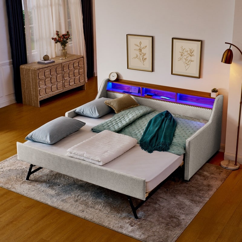 Twin Size Upholstered Sofa Bed with LED, Pull up Trundle, Wireless Charging - Beige