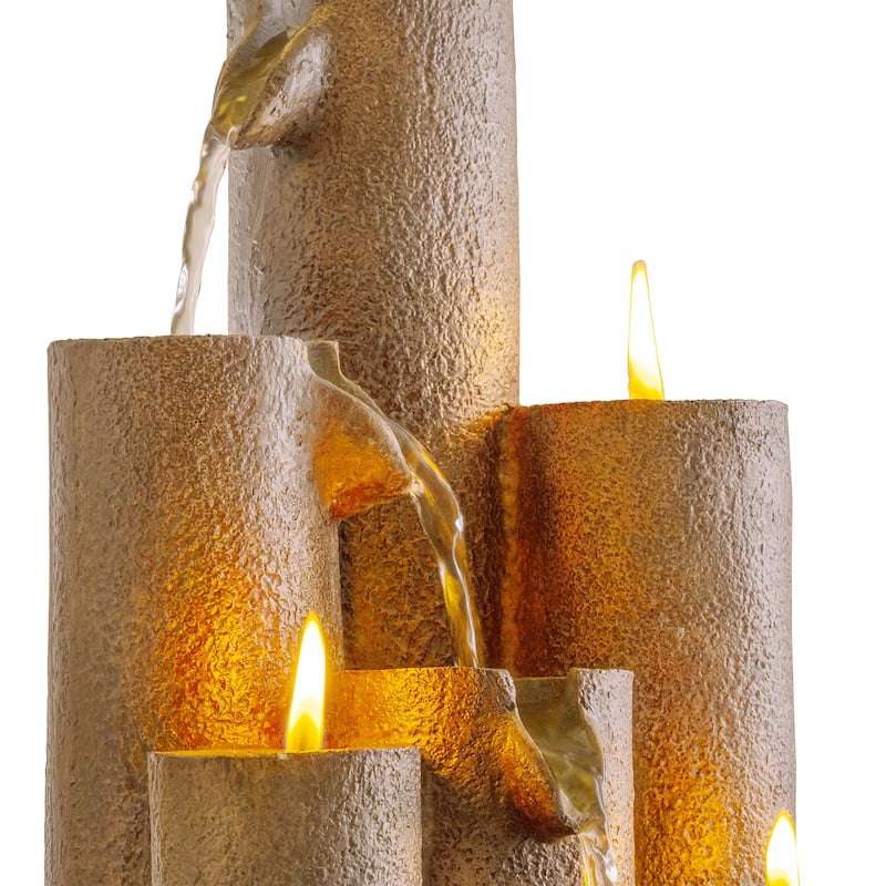 Alpine Corporation 11 in. Tall Indoor Tiered Column Tabletop Fountain with 3 Candles, Brown