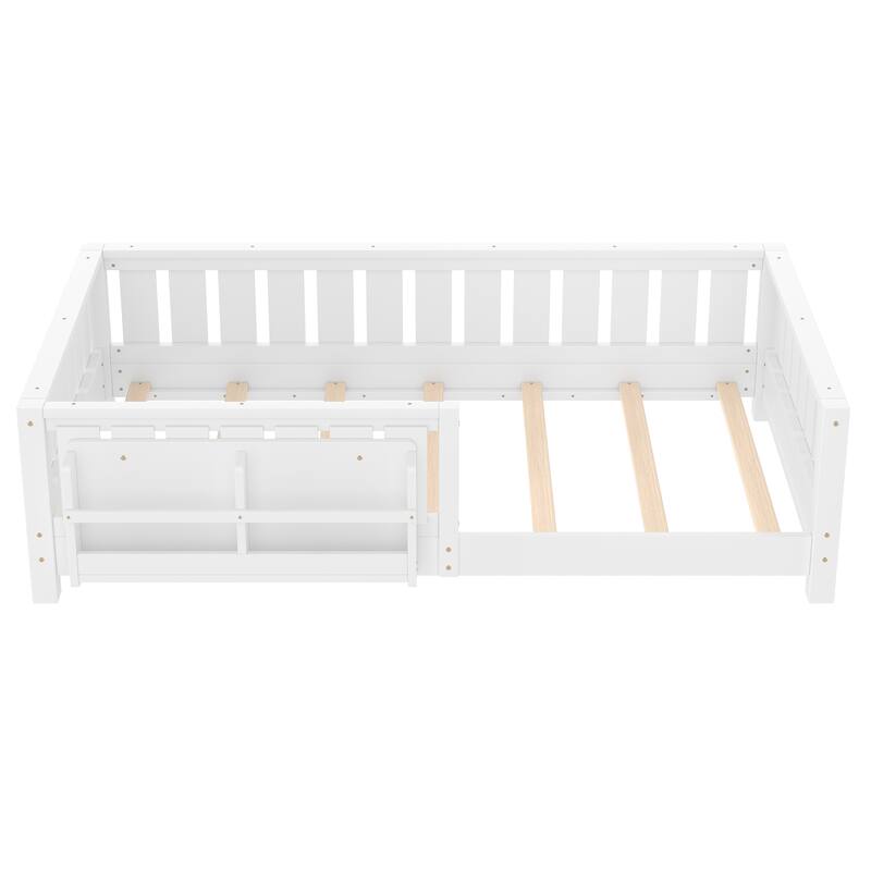 Montessori Floor Bed Low Profile Kids Bed with Rails & Bookshelf