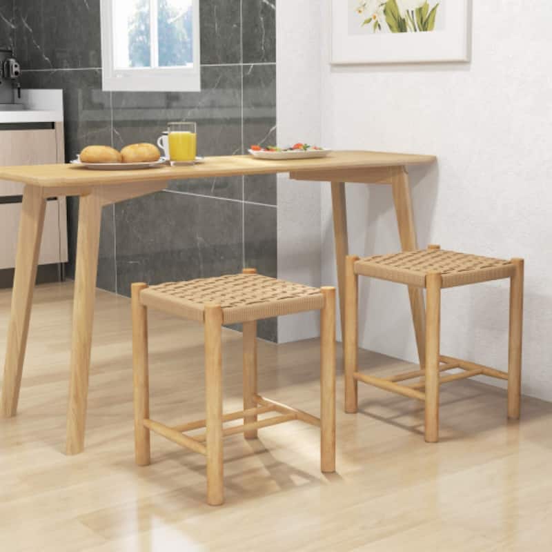 Dining Stool Set of 2 with Rubber Wood Frame - 14" x 14" x 18" (L x W x H)