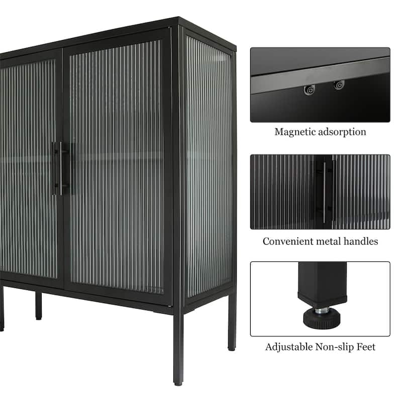 Stylish 4-Door Tempered Glass Cabinet, 4 Glass Doors Adjustable Shelf