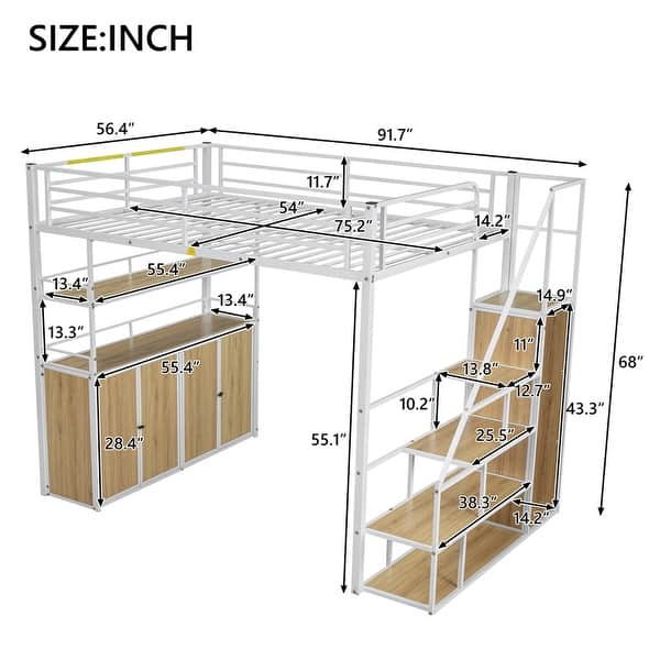 dimension image slide 1 of 2, Full Size Metal Loft Bed with Storage Staircase and Open Wardrobe, Multifunctional Bed Frame with Shelves and Lockers