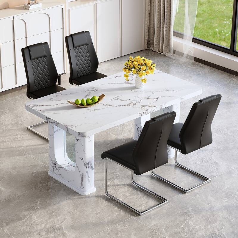 5-Piece Marble Pattern Dining Table Set, PU Leather Grid Chairs with Silver Arched Metal Legs, Anti-Slip Feet
