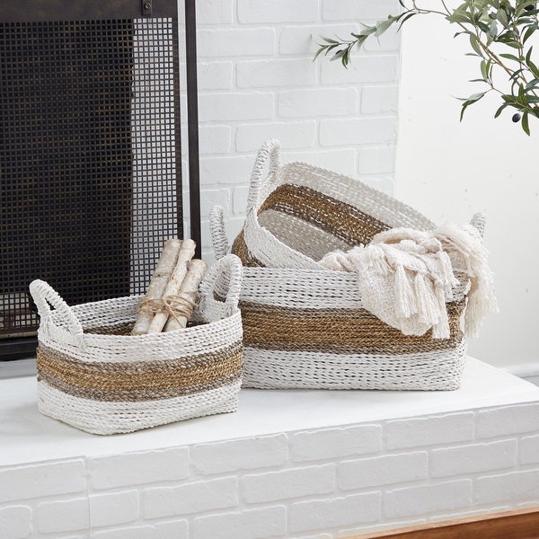 White Plastic Rattan Handmade Two Toned Storage Basket with