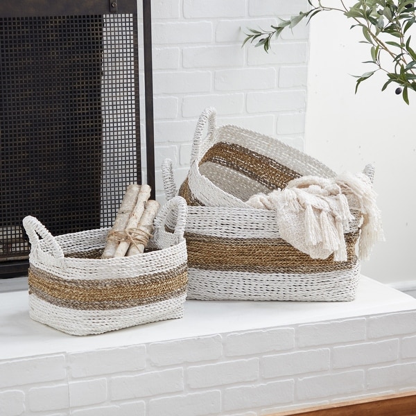 White woven shop storage baskets