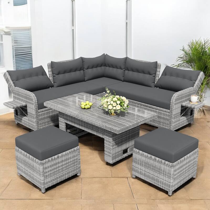 Outdoor Rattan Furniture Set with Adjustable Table, Recliners, and Movable Ottomans Patio Sofa Set for Garden & Backyard - Grey