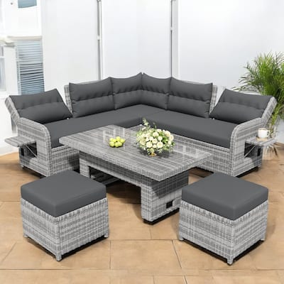 Outdoor Rattan Furniture Set with Adjustable Table, Recliners, and Movable Ottomans Patio Sofa Set for Garden & Backyard