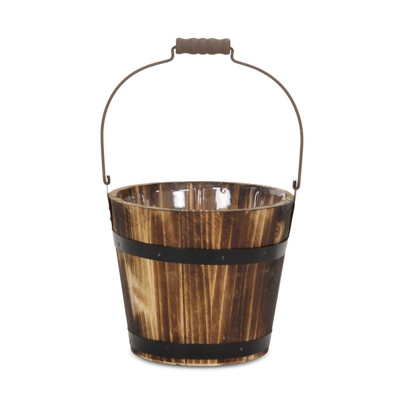 HomeRoots Brown Wood 100 Ounce Round Distressed Bucket Planter - 6.75 in. x 5.75 in. x 6.75 in.