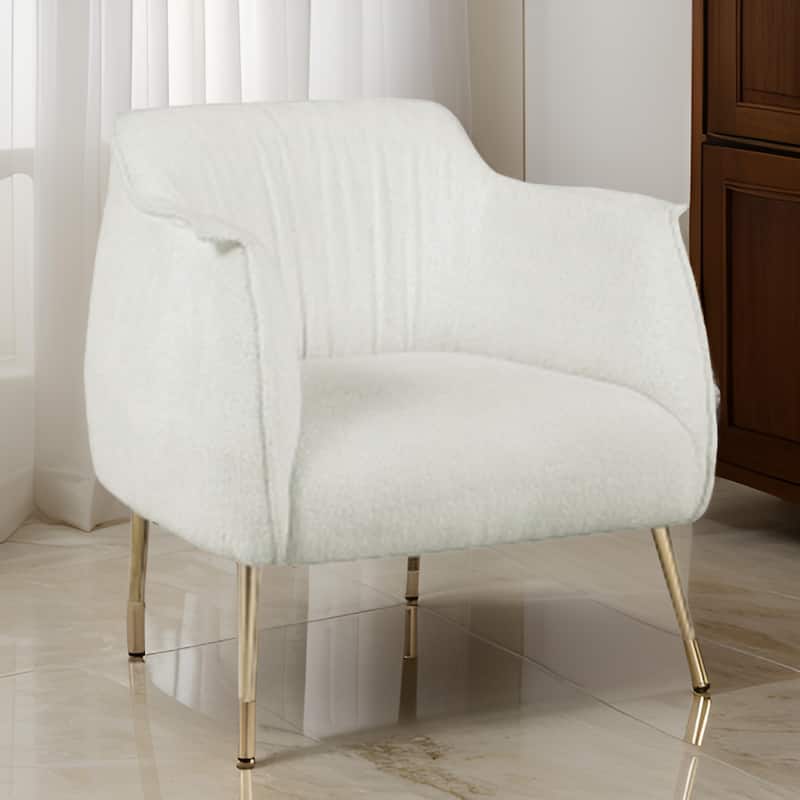 33 Inch Accent Chair Armchair, Soft White Boucle, Gold Metal, Solid Wood