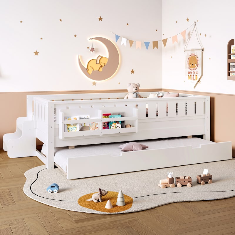 Roomfitters Floor Bed with Bookshelf and Trundle, Low Profile Frame with Step Entry - White - Twin
