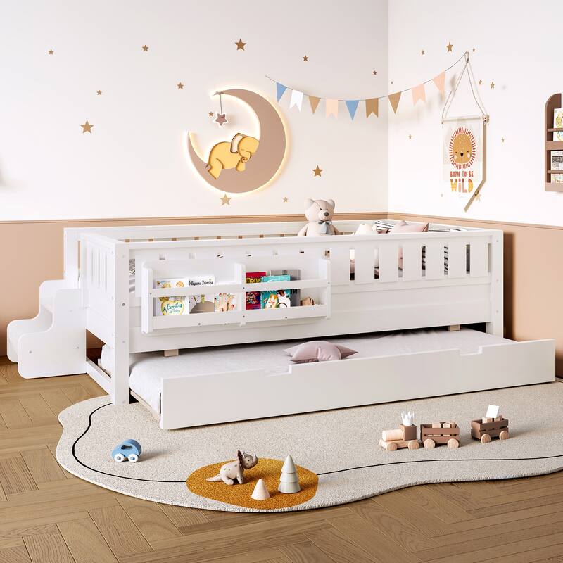 Twin with Built-in Bookshelves and Small Staircase, High-Quality Safety Rails, and Trundle