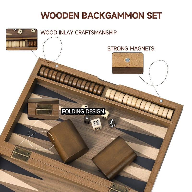 GSE™ 11" Premium Wooden Inlay Backgammon Board Game Set, Portable Folding Backgammon Board Game with Game Pieces - 11-Inch