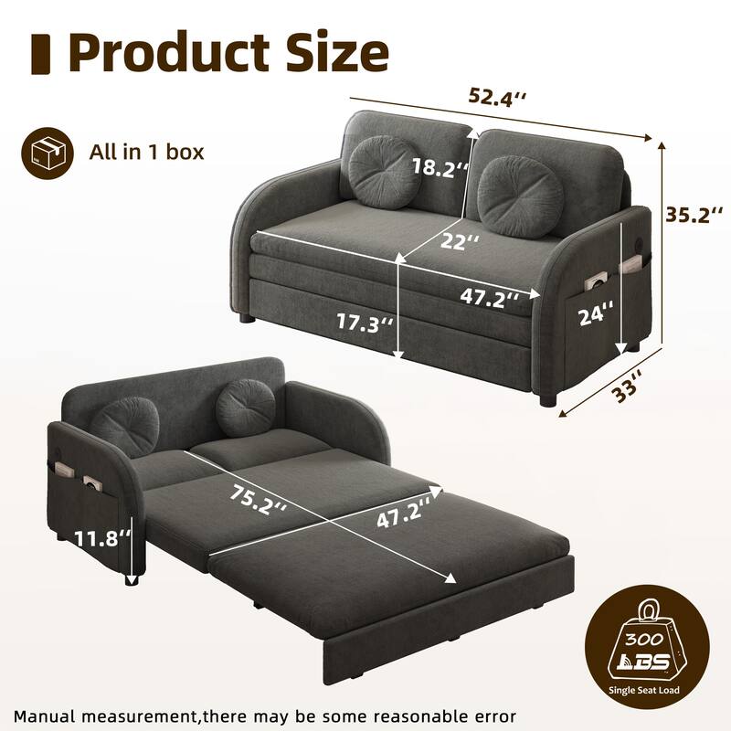 Homy Casa 3-in-1 Convertible Sleeper Sofa Bed, Pull-Out Couch w/ USB, Side Pocket & 4 Pillows, Chenille, 2/3/4-Seat