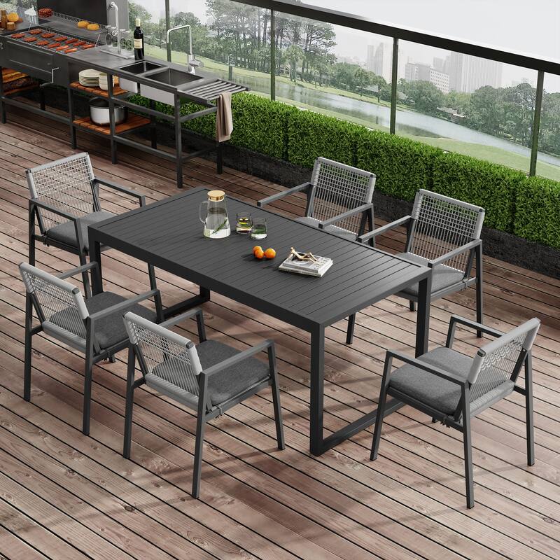 Christopher Knight Home - Martin Modern Outdoor 7 piece Dining set with Aluminum Table and Rope-woven chairs - Grey+Black