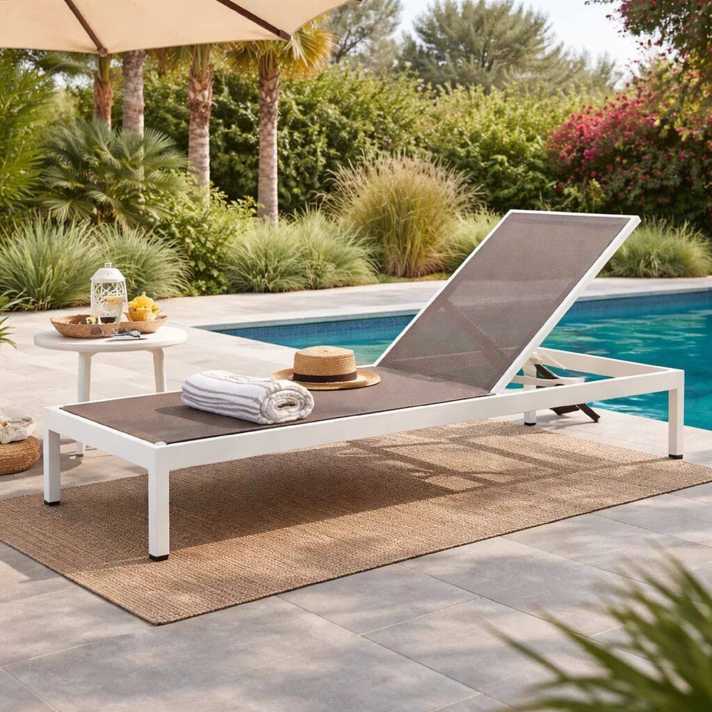 Edie 76 Inch Outdoor Adjustable Chaise Lounger, Metal Frame, Gray Textilene