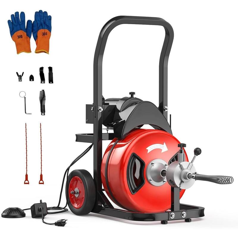 100FT 3/8 Inch Portable Drain Cleaning Machine for 2" to 4" Pipes with Blue Gloves - Red