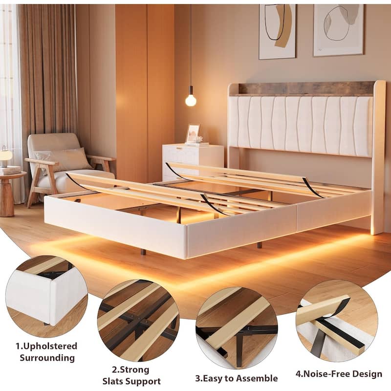Floating Upholstered Bed Frame with LED Lights, USB Charging Station, Solid Slats, Easy Assembly