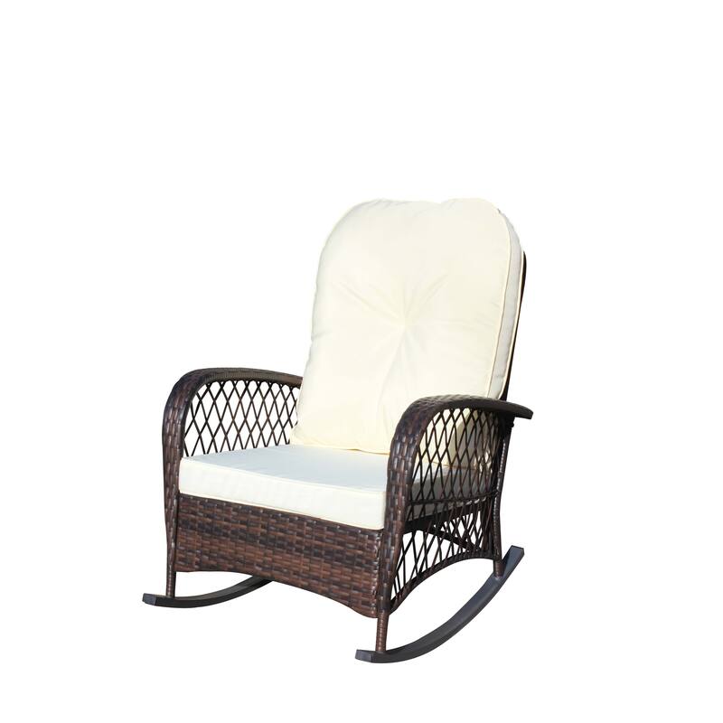 Outdoor Wicker Rocking Chair with Wide Seat, Thick, Soft Cushion, Rattan Rocker w/Steel Frame, High Weight Capacity