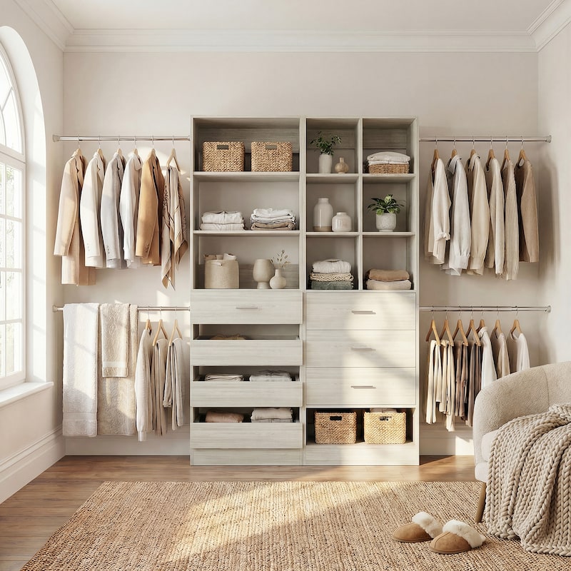 Set of 2 Closet System with 7 Wooden Drawers ＆ 4 Hanging Rods, Heavy Duty Walk-in Closet Organizer System with Shelves - White Oak