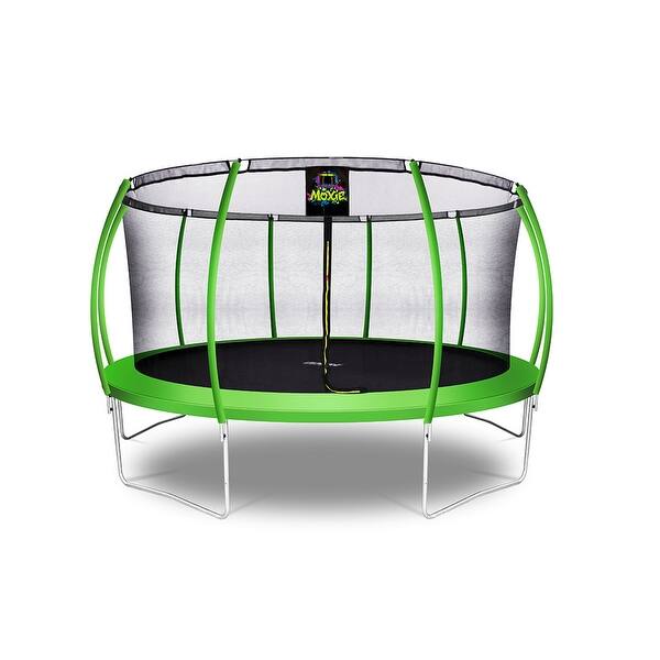 slide 2 of 7, Machrus Moxie Pumpkin-Shaped Outdoor Trampoline Set with Premium Top-Ring Frame Safety Enclosure, 15 FT - Green Apple - 15 FT Kids - 15 FT