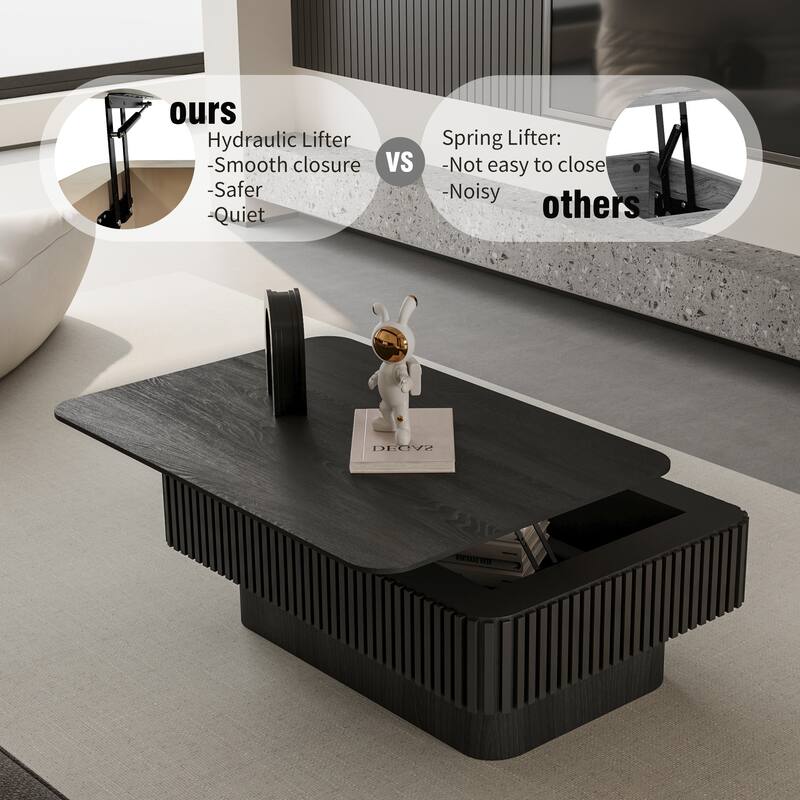 Fluted 38.6" Lift-top Coffee Table, Solid Wood Modern Accent Table with Storage and Adjustable Height