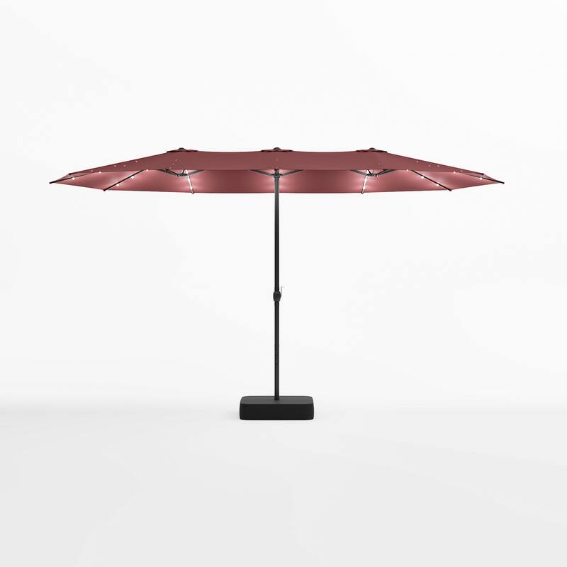 15ft Solar LED Double Patio Umbrella with Base, Extra Large Twin Outdoor Market Umbrella with 36 Lights, 180g Polyester Canopy