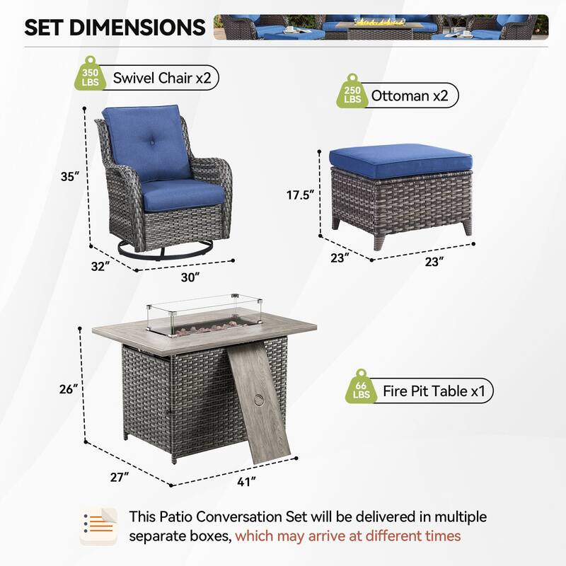 Fire Pit Table with Patio Glider Chairs Ottomans Grey-Blue - Grey