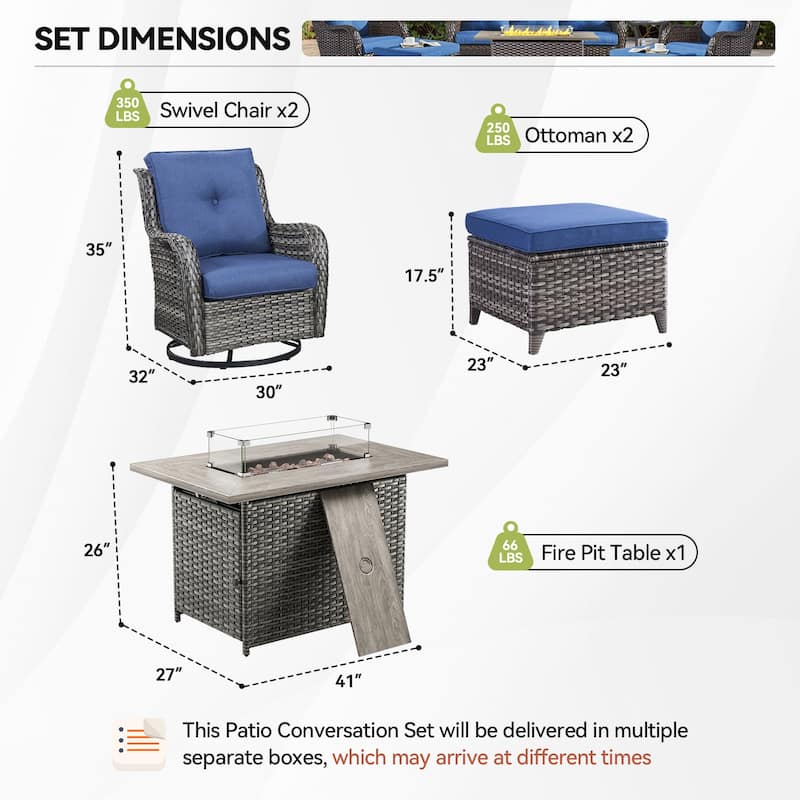Gymojoy 5-Piece Outdoor Furniture Set, 2 Swivel Glider Chairs, 2 Ottomans & 55K BTU Fire Pit Table