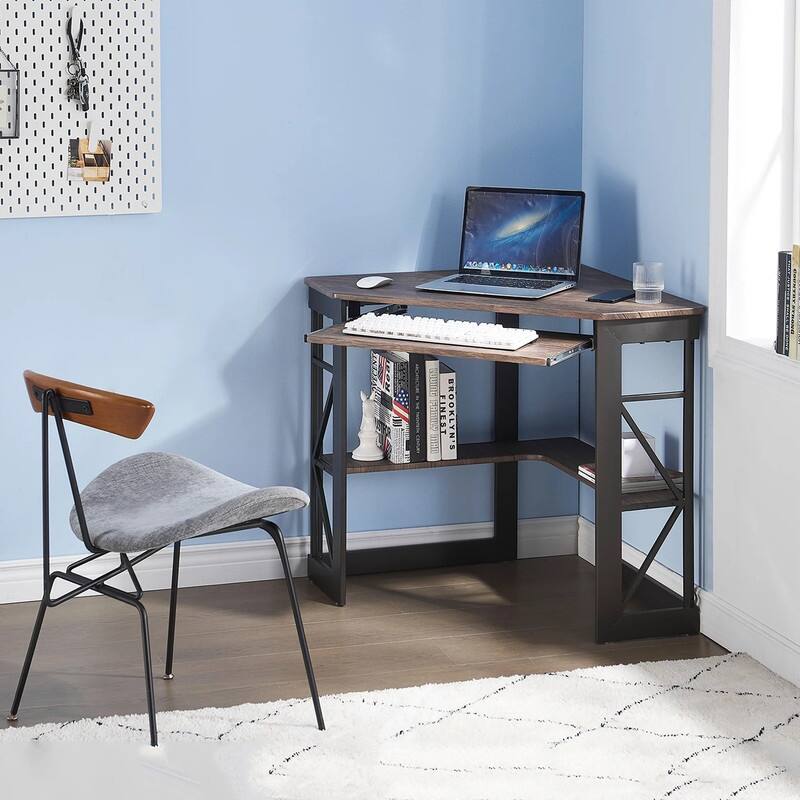 Corner Computer Desk with Keyboard Tray - Dark Brown