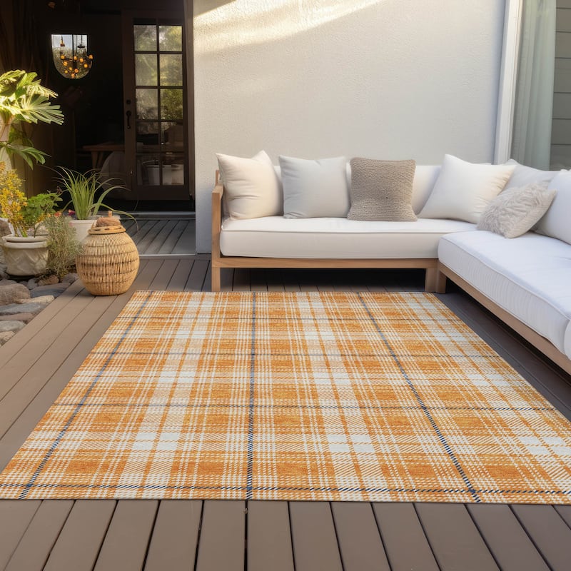 Machine Washable Indoor/ Outdoor Plaid Chantille Rug