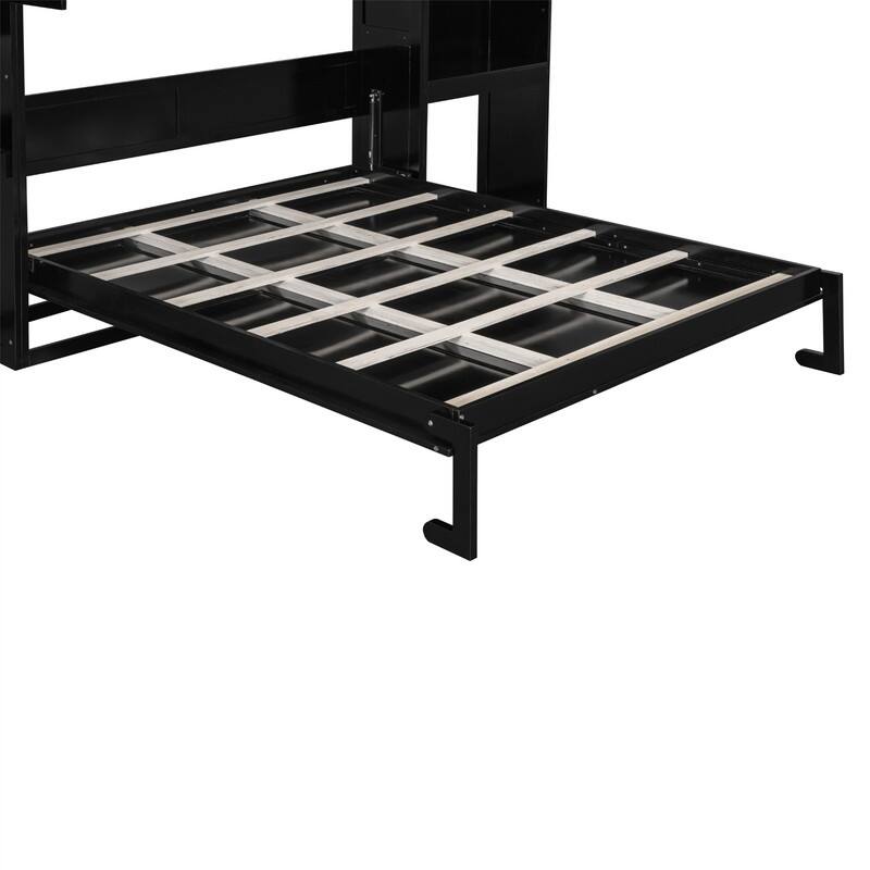 Queen Size Murphy Bed Wall Bed with Desk, Mirror and Vanity, Wooden Foldable Murphy Cabinet Bed with Storage Cabinets